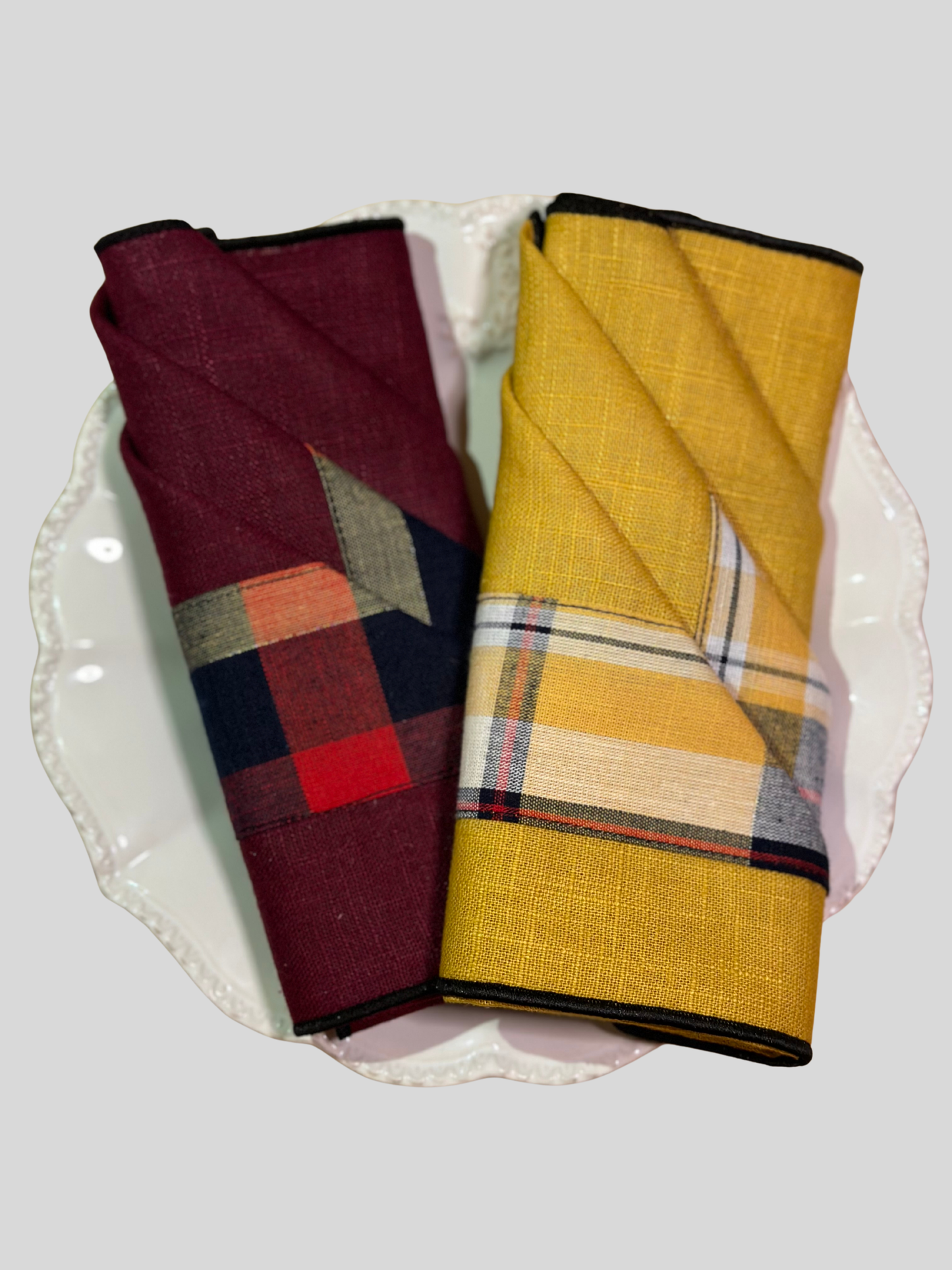 Lot de serviettes de table en lin Madras 36x36 cm Jaune, Bordeaux ou vert